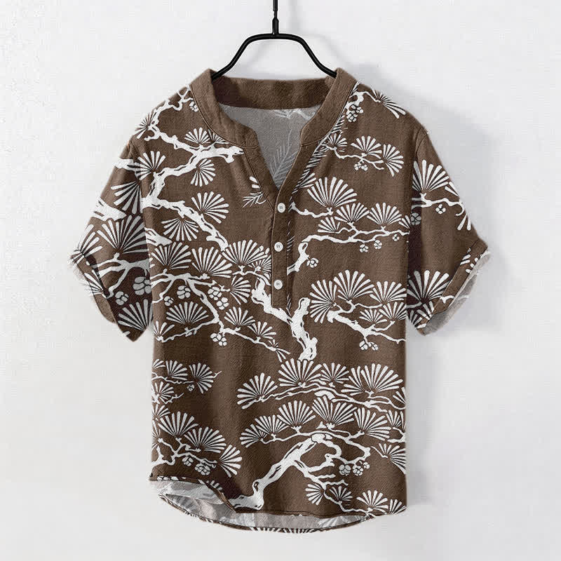Buddha Stones Chemise homme à manches courtes et demi-boutonnée en coton blanc à motif botanique d'aiguilles de pin - SaddleBrown - US/UK/AU50，EU60 (5XL) - image 5