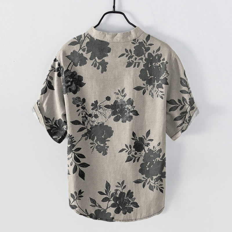 Buddha Stones Chemise homme oversize en coton anthracite à motif floral, manches courtes et demi-boutonnée - image 1