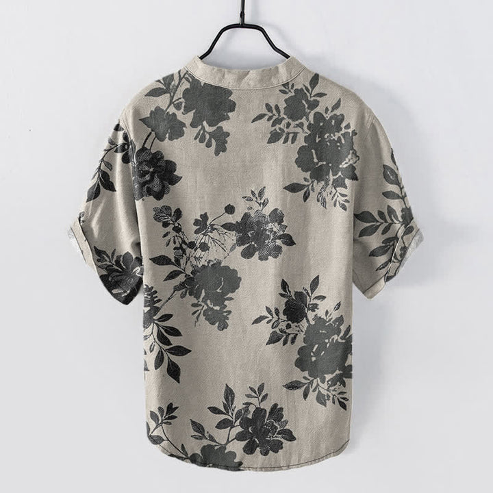 Buddha Stones Chemise homme oversize en coton anthracite à motif floral, manches courtes et demi-boutonnée - image 1