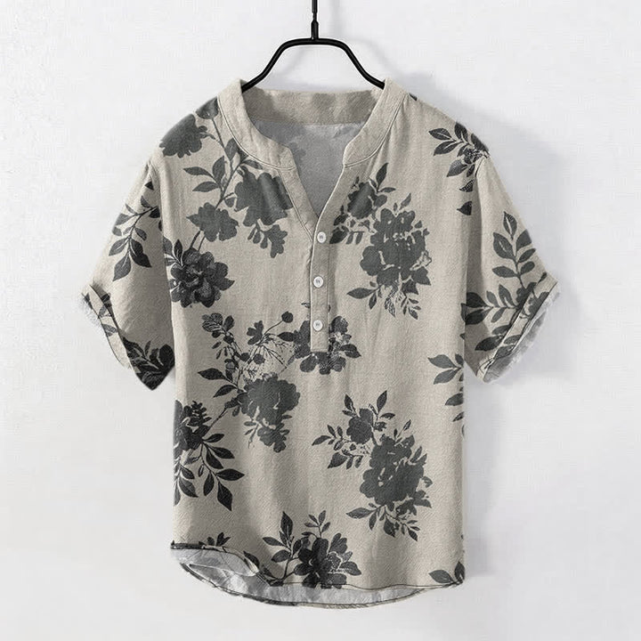 Buddha Stones Chemise homme oversize en coton anthracite à motif floral, manches courtes et demi-boutonnée - Gris clair - US/UK/AU50，EU60 (5XL) - image 0