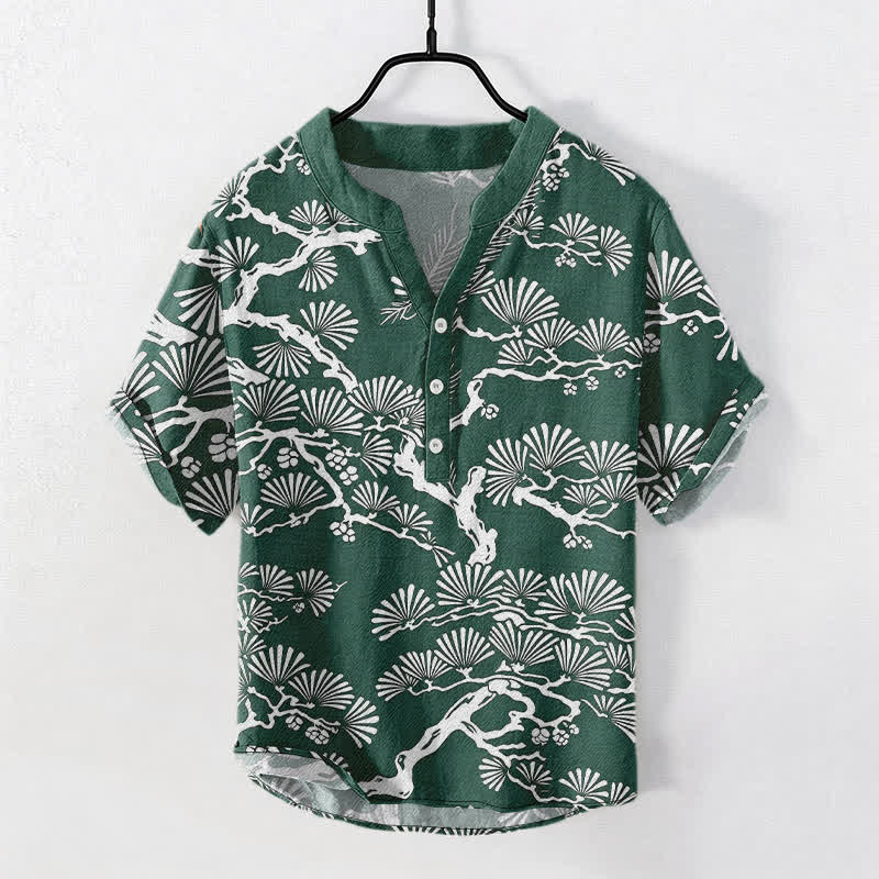 Buddha Stones Chemise homme à manches courtes et demi-boutonnée en coton blanc à motif botanique d'aiguilles de pin - Vert d'eau - US/UK/AU50，EU60 (5XL) - image 7