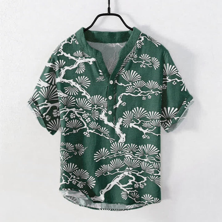 Buddha Stones Chemise homme à manches courtes et demi-boutonnée en coton blanc à motif botanique d'aiguilles de pin - Vert d'eau - US/UK/AU50，EU60 (5XL) - image 7