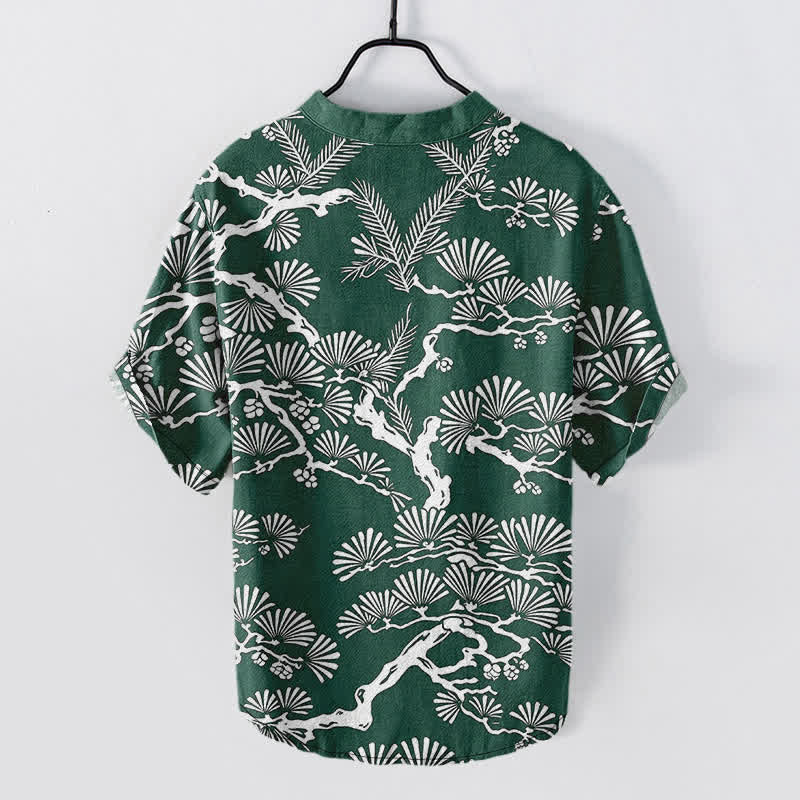 Buddha Stones Chemise homme à manches courtes et demi-boutonnée en coton blanc à motif botanique d'aiguilles de pin - image 8