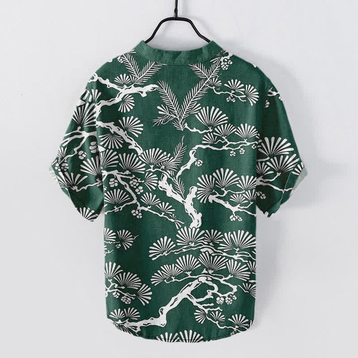 Buddha Stones Chemise homme à manches courtes et demi-boutonnée en coton blanc à motif botanique d'aiguilles de pin - image 8