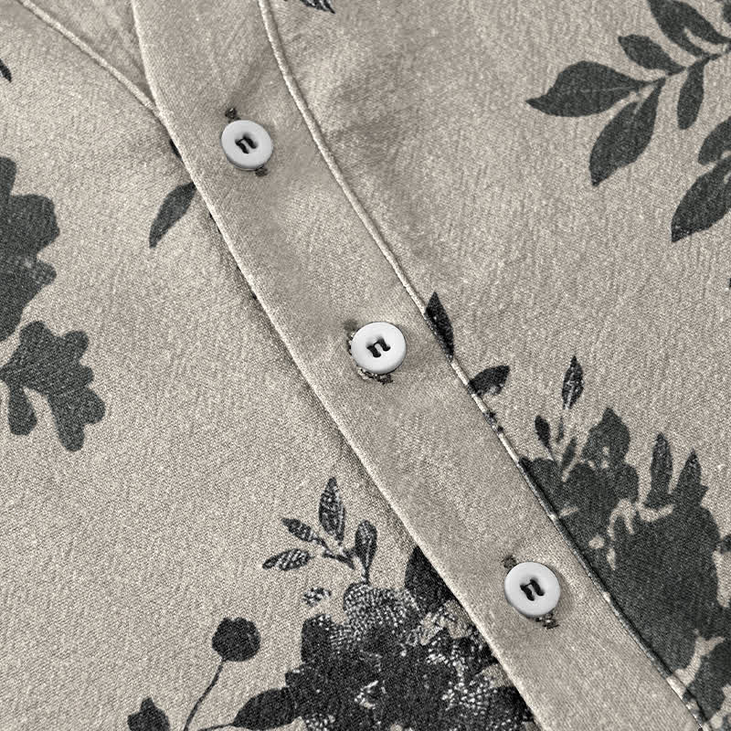 Buddha Stones Chemise homme oversize en coton anthracite à motif floral, manches courtes et demi-boutonnée - image 3