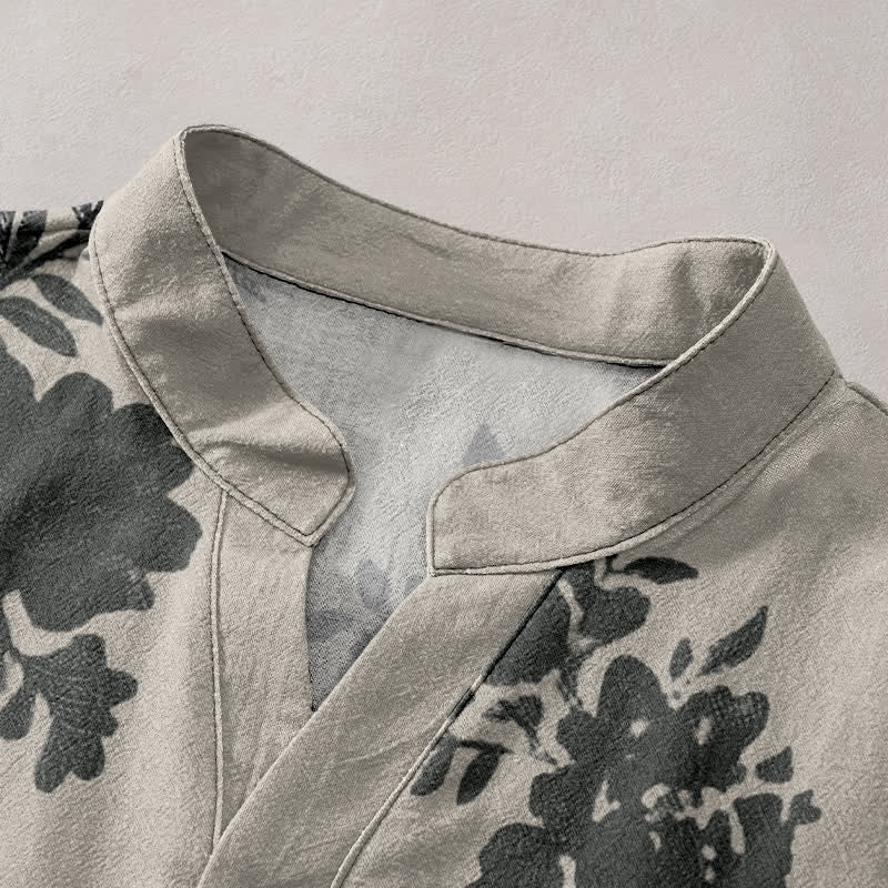 Buddha Stones Chemise homme oversize en coton anthracite à motif floral, manches courtes et demi-boutonnée - image 2