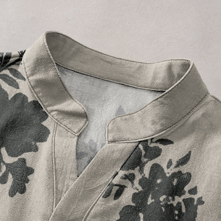 Buddha Stones Chemise homme oversize en coton anthracite à motif floral, manches courtes et demi-boutonnée - image 2