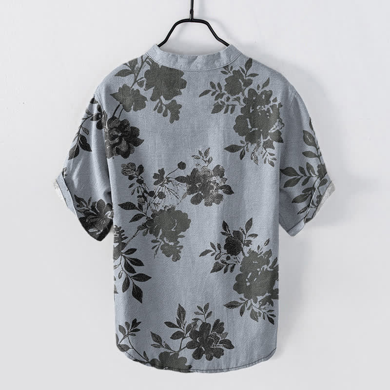 Buddha Stones Chemise homme oversize en coton anthracite à motif floral, manches courtes et demi-boutonnée - image 6