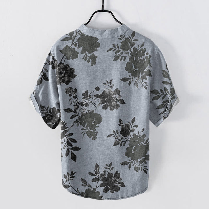 Buddha Stones Chemise homme oversize en coton anthracite à motif floral, manches courtes et demi-boutonnée - image 6