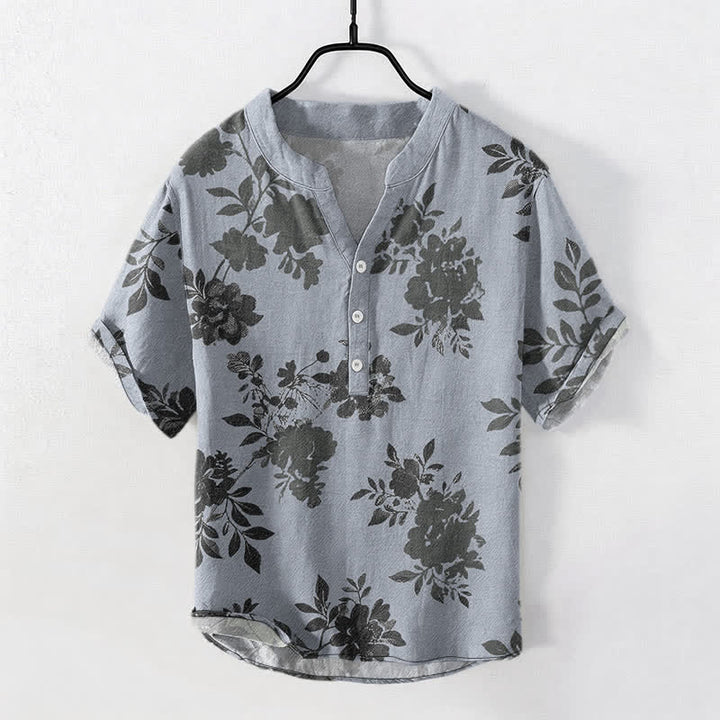 Buddha Stones Chemise homme oversize en coton anthracite à motif floral, manches courtes et demi-boutonnée - Bleu acier clair - US/UK/AU50，EU60 (5XL) - image 5