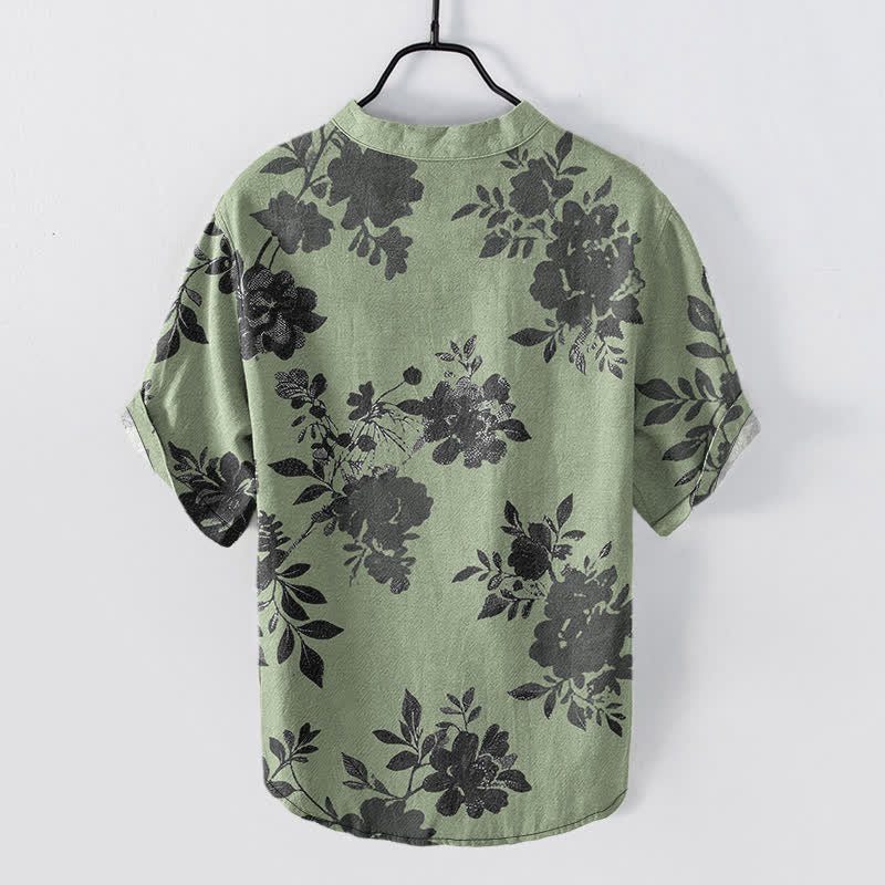 Buddha Stones Chemise homme oversize en coton anthracite à motif floral, manches courtes et demi-boutonnée - image 8