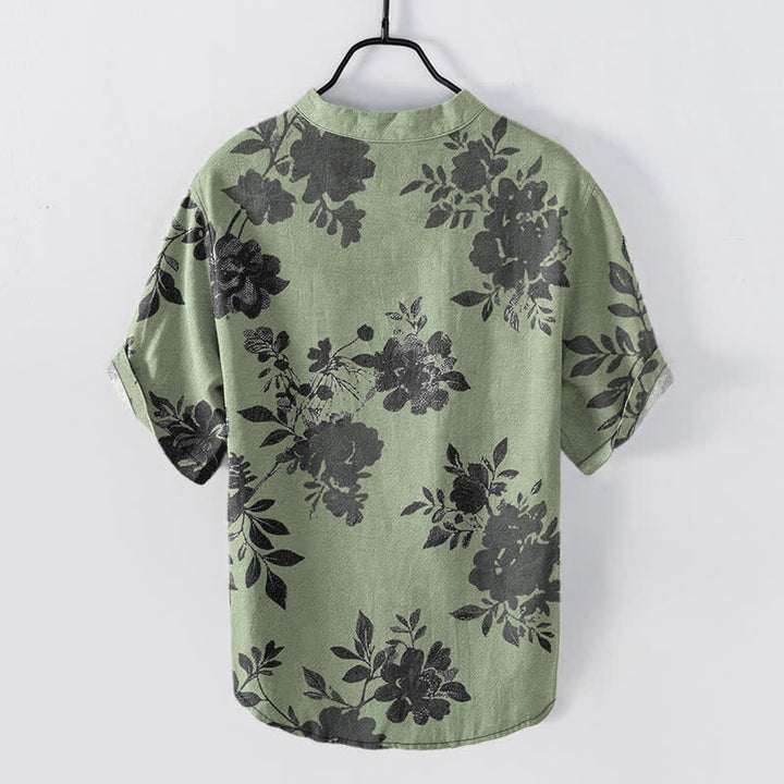 Buddha Stones Chemise homme oversize en coton anthracite à motif floral, manches courtes et demi-boutonnée - image 8