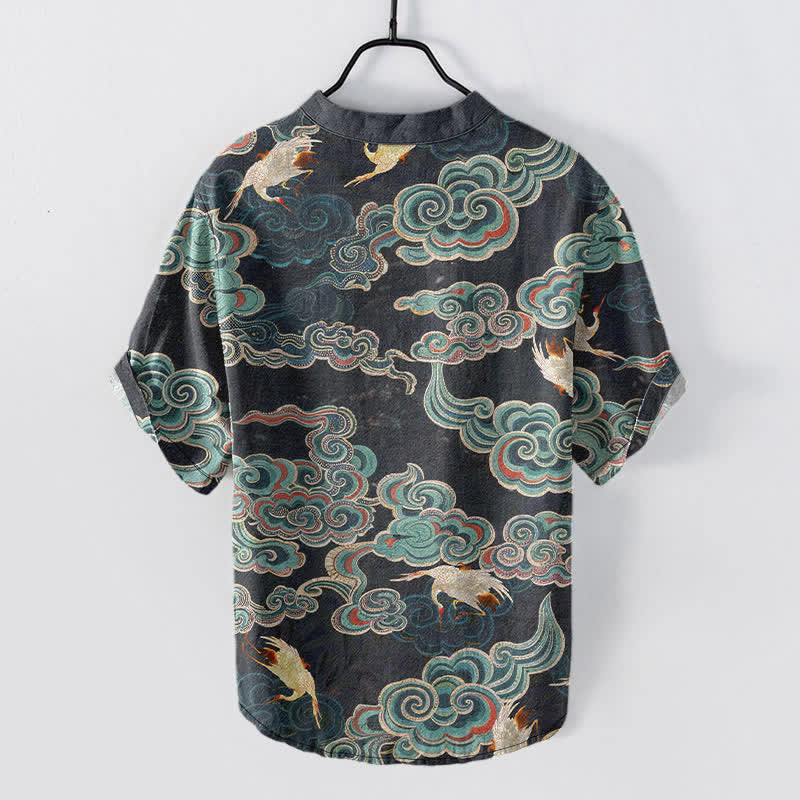 Buddha Stones Chemise homme à manches courtes et demi-boutonnée, motif carpes koï et lotus - image 1