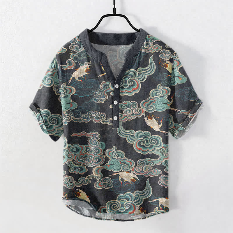 Buddha Stones Chemise homme à manches courtes et demi-boutonnée, motif carpes koï et lotus - Noir - US/UK/AU50，EU60 (5XL) - image 0