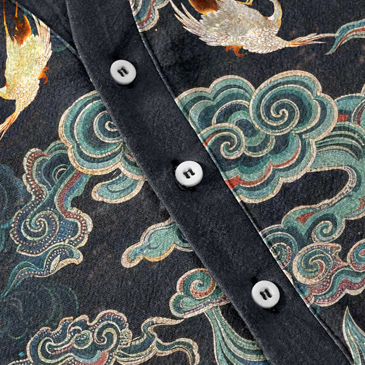Buddha Stones Chemise homme à manches courtes et demi-boutonnée, motif carpes koï et lotus - image 3
