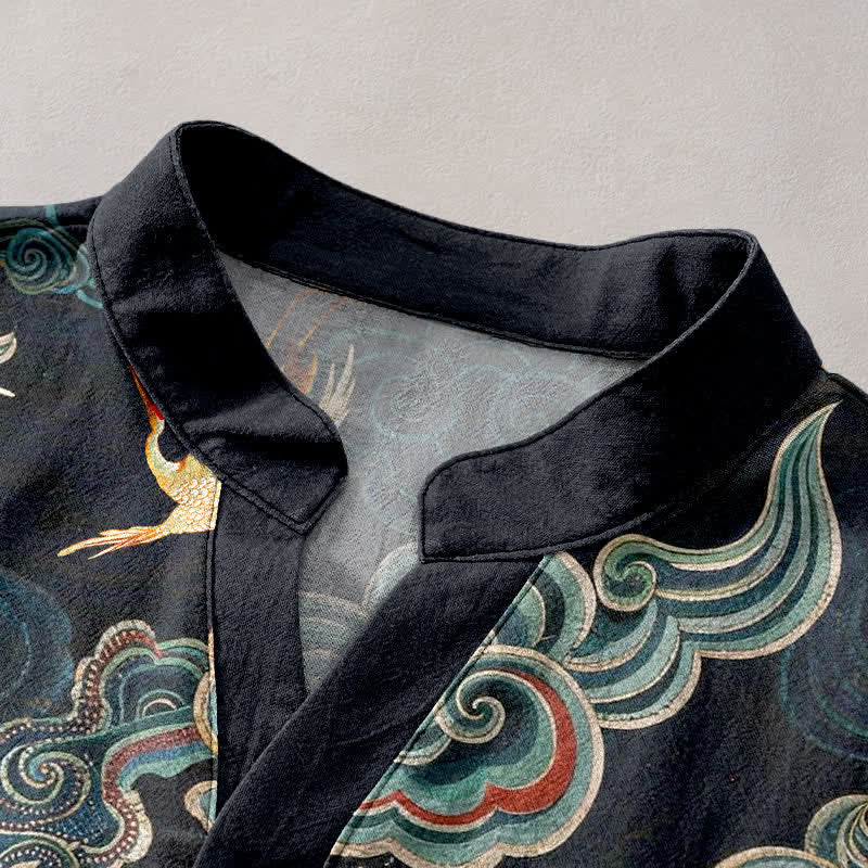 Buddha Stones Chemise homme à manches courtes et demi-boutonnée, motif carpes koï et lotus - image 2