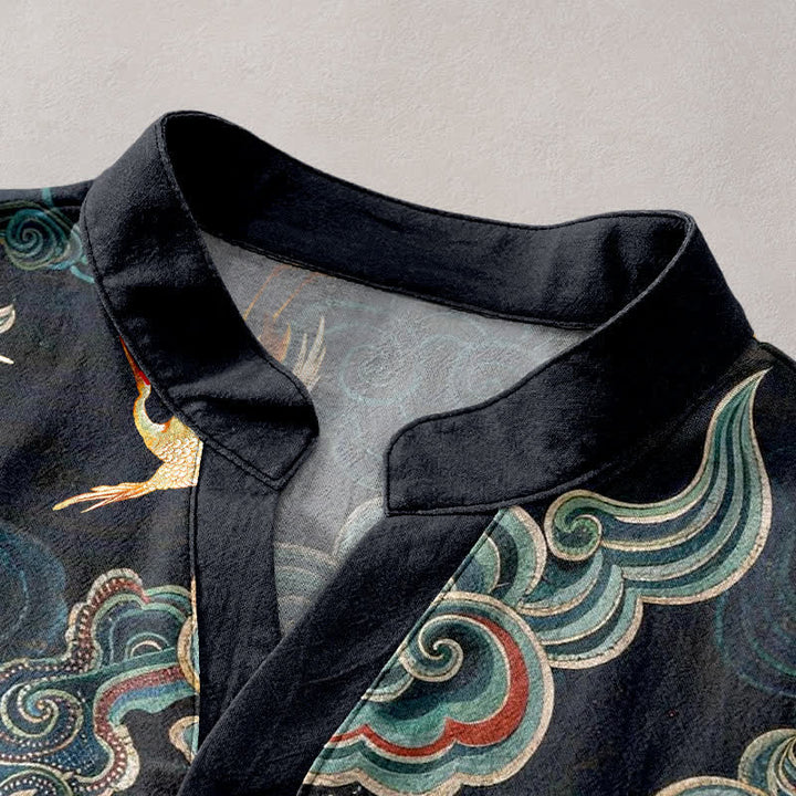 Buddha Stones Chemise homme à manches courtes et demi-boutonnée, motif carpes koï et lotus - image 2