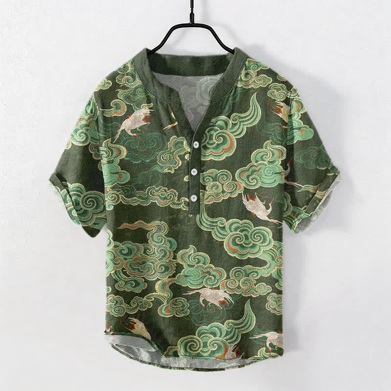 Buddha Stones Chemise homme à manches courtes et demi-boutonnée, motif carpes koï et lotus - Vert olive foncé - US/UK/AU50，EU60 (5XL) - image 5