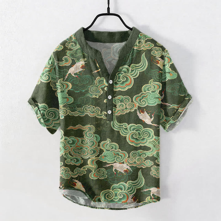 Buddha Stones Chemise homme à manches courtes et demi-boutonnée, motif carpes koï et lotus - Vert olive foncé - US/UK/AU50，EU60 (5XL) - image 5