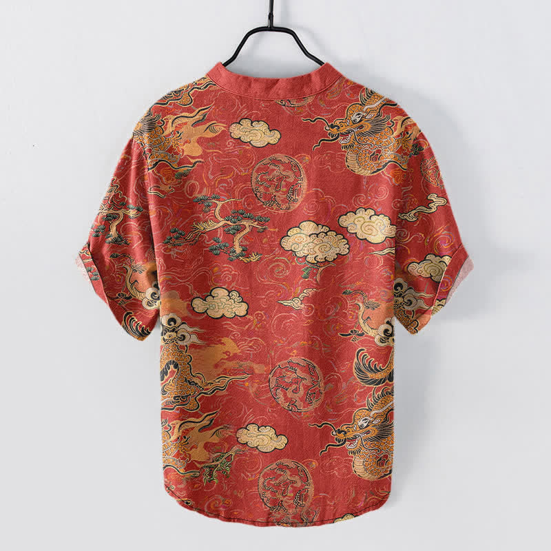 Buddha Stones Chemise homme à manches courtes et demi-boutonnée en coton à motif nuage de dragon doré - image 1
