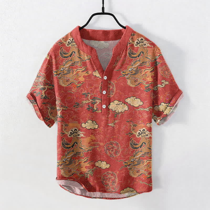 Buddha Stones Chemise homme à manches courtes et demi-boutonnée en coton à motif nuage de dragon doré - Corail - US/UK/AU50，EU60 (5XL) - image 0