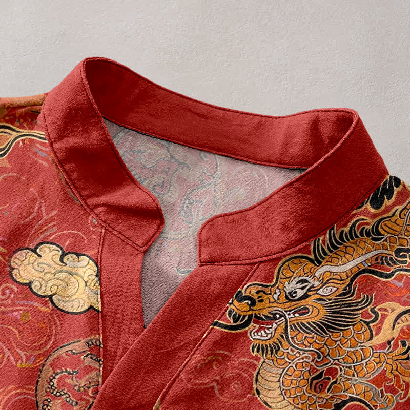 Buddha Stones Chemise homme à manches courtes et demi-boutonnée en coton à motif nuage de dragon doré - image 2