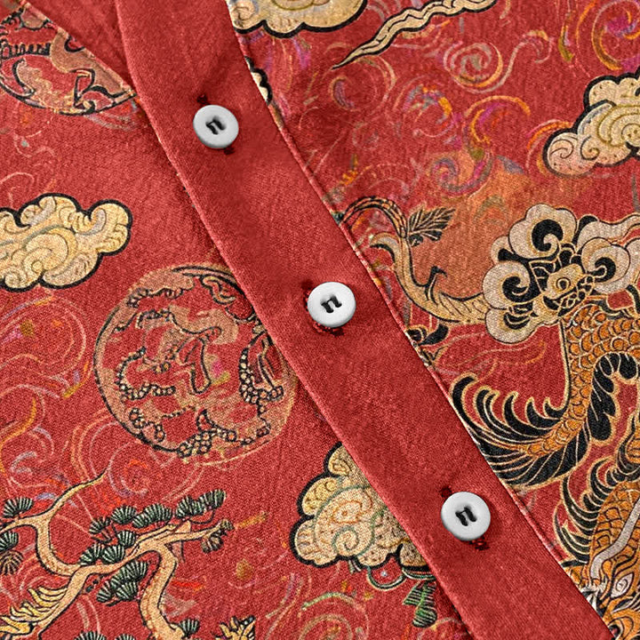 Buddha Stones Chemise homme à manches courtes et demi-boutonnée en coton à motif nuage de dragon doré - image 3