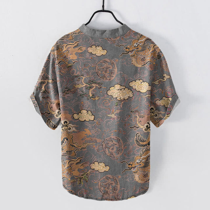 Buddha Stones Chemise homme à manches courtes et demi-boutonnée en coton à motif nuage de dragon doré - image 6
