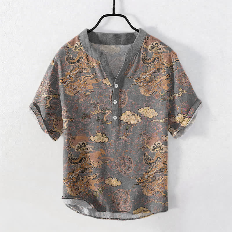 Buddha Stones Chemise homme à manches courtes et demi-boutonnée en coton à motif nuage de dragon doré - Gris - US/UK/AU50，EU60 (5XL) - image 5
