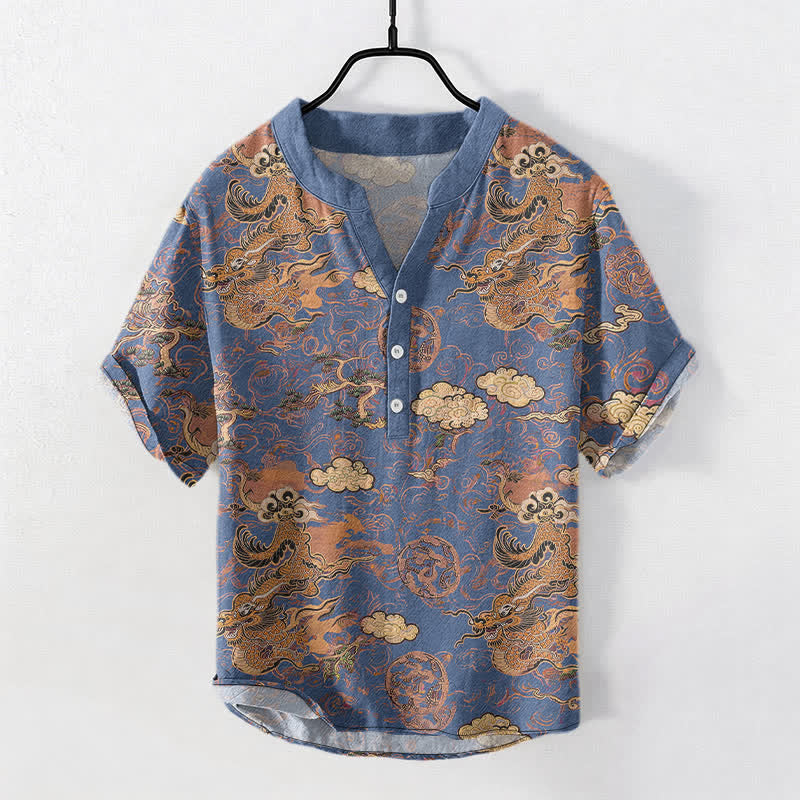 Buddha Stones Chemise homme à manches courtes et demi-boutonnée en coton à motif nuage de dragon doré - SteelBlue - US/UK/AU50，EU60 (5XL) - image 7