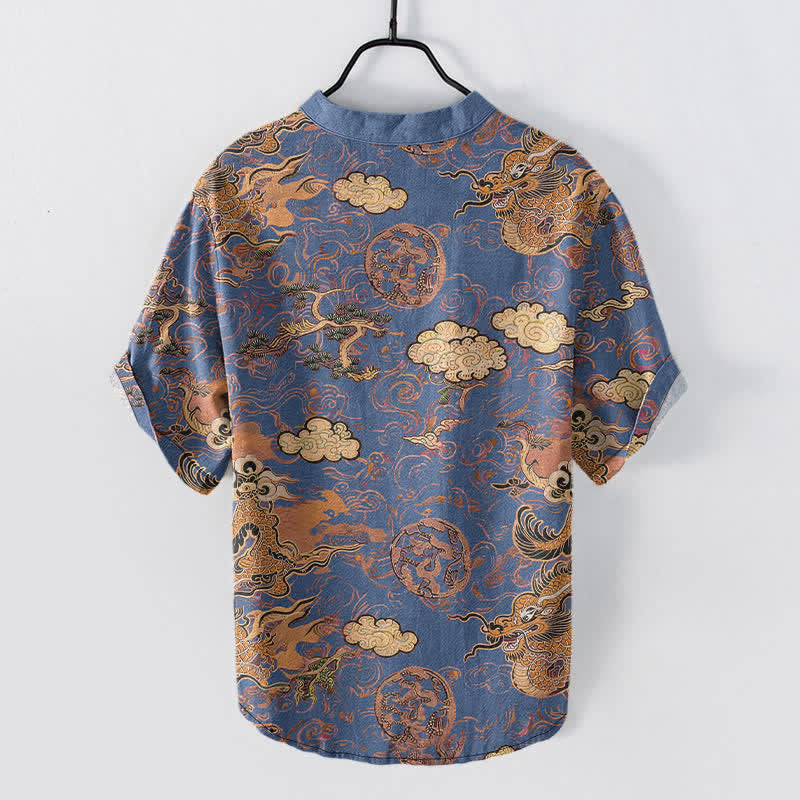 Buddha Stones Chemise homme à manches courtes et demi-boutonnée en coton à motif nuage de dragon doré - image 8