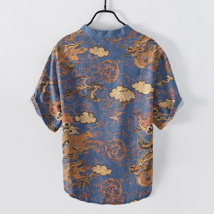 Buddha Stones Chemise homme à manches courtes et demi-boutonnée en coton à motif nuage de dragon doré - image 8