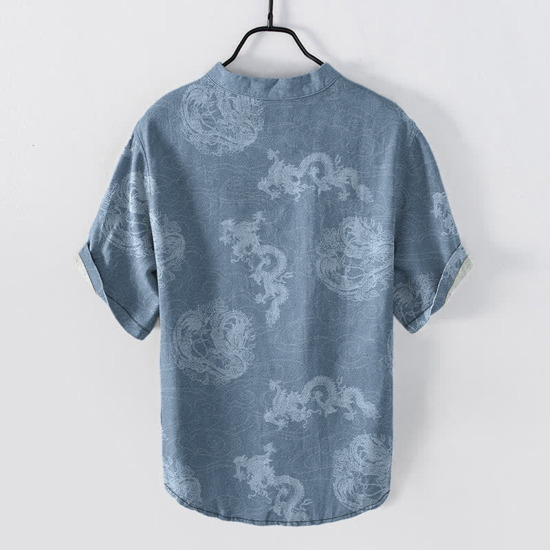 Buddha Stones Chemise homme à manches courtes et demi-boutonnages, en coton indigo délavé à motif dragon - image 1