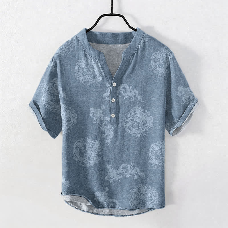 Buddha Stones Chemise homme à manches courtes et demi-boutonnages, en coton indigo délavé à motif dragon - SteelBlue - US/UK/AU50，EU60 (5XL) - image 0