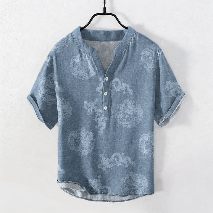 Buddha Stones Chemise homme à manches courtes et demi-boutonnages, en coton indigo délavé à motif dragon - SteelBlue - US/UK/AU50，EU60 (5XL) - image 0