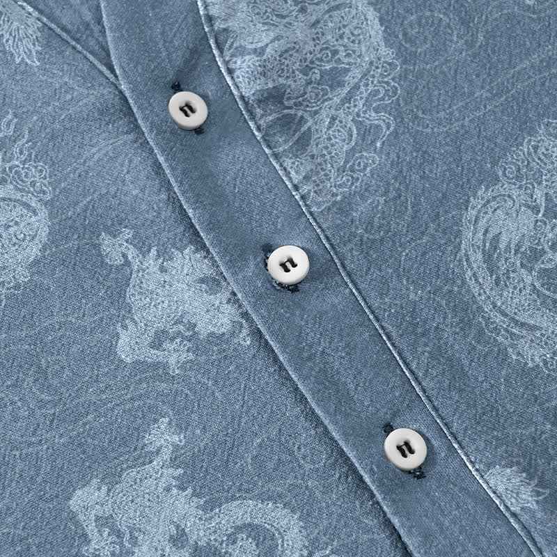 Buddha Stones Chemise homme à manches courtes et demi-boutonnages, en coton indigo délavé à motif dragon - image 3
