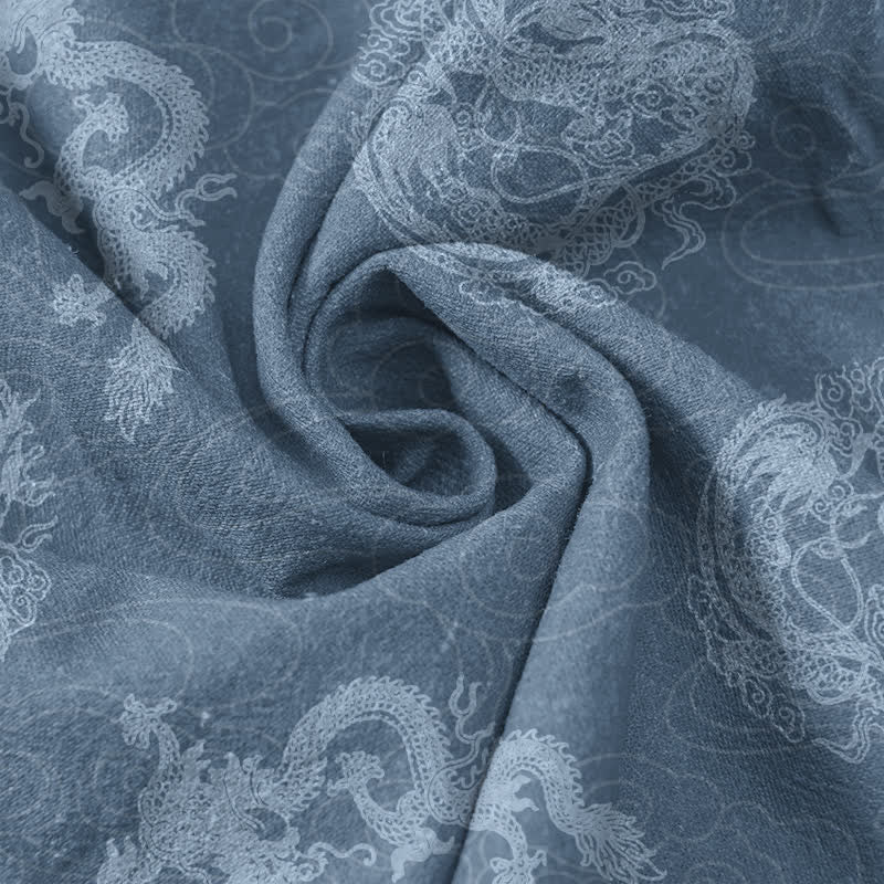 Buddha Stones Chemise homme à manches courtes et demi-boutonnages, en coton indigo délavé à motif dragon - image 4