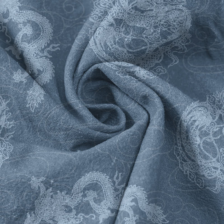 Buddha Stones Chemise homme à manches courtes et demi-boutonnages, en coton indigo délavé à motif dragon - image 4