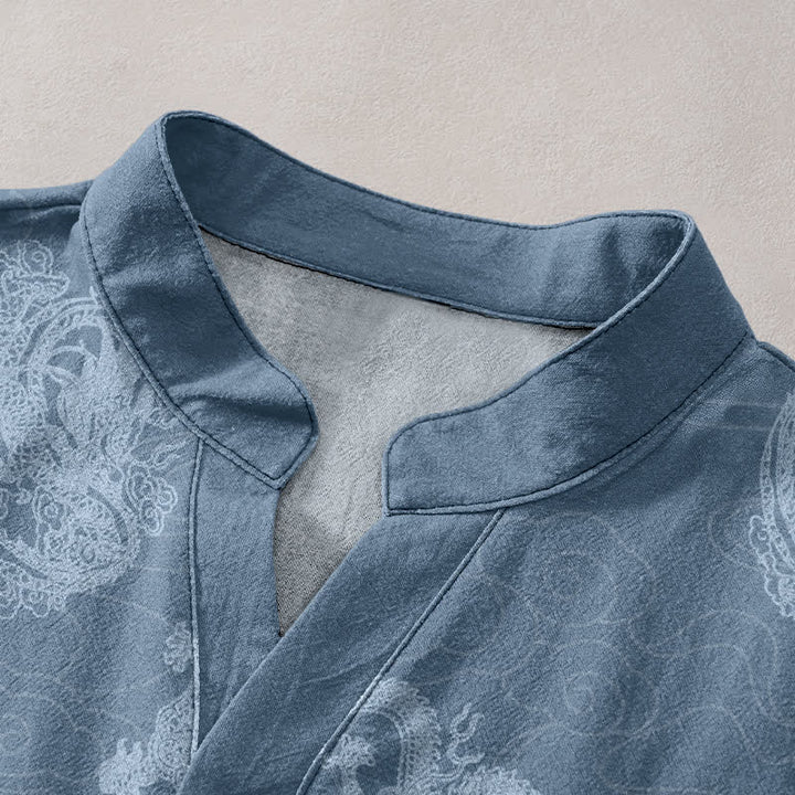 Buddha Stones Chemise homme à manches courtes et demi-boutonnages, en coton indigo délavé à motif dragon - image 2