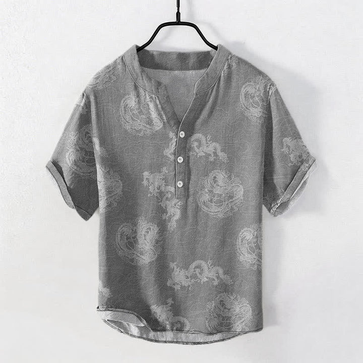 Buddha Stones Chemise homme à manches courtes et demi-boutonnages, en coton indigo délavé à motif dragon - Gris - US/UK/AU50，EU60 (5XL) - image 5