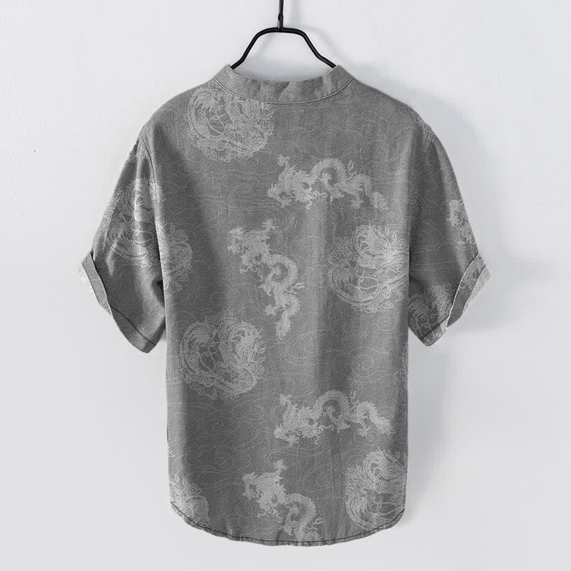 Buddha Stones Chemise homme à manches courtes et demi-boutonnages, en coton indigo délavé à motif dragon - image 6