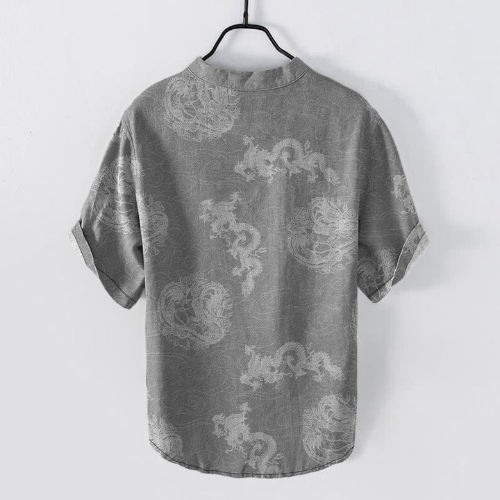 Buddha Stones Chemise homme à manches courtes et demi-boutonnages, en coton indigo délavé à motif dragon - image 6
