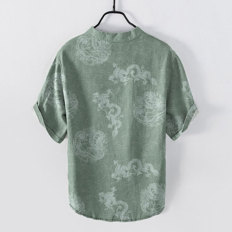 Buddha Stones Chemise homme à manches courtes et demi-boutonnages, en coton indigo délavé à motif dragon - image 8