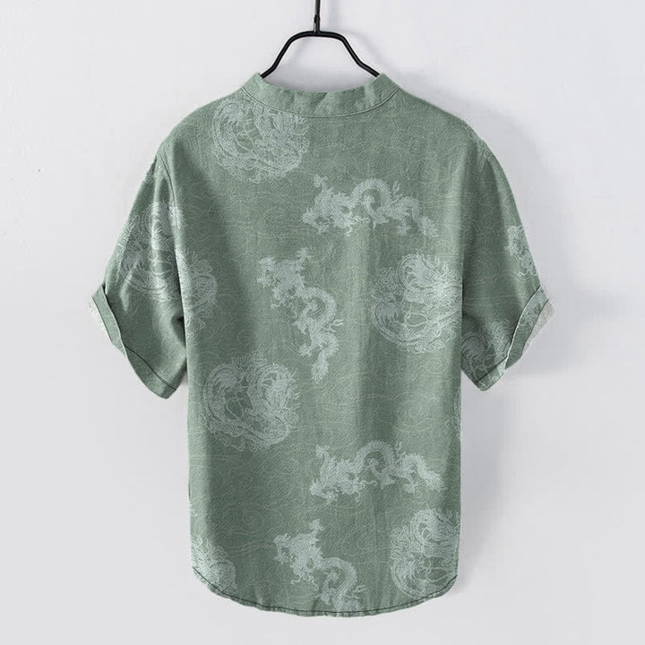 Buddha Stones Chemise homme à manches courtes et demi-boutonnages, en coton indigo délavé à motif dragon - image 8