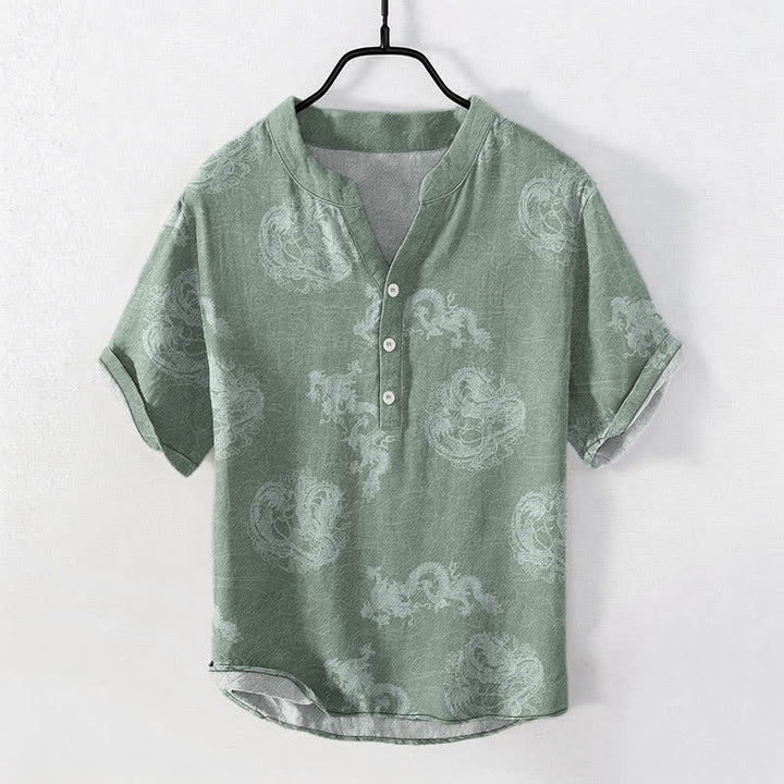 Buddha Stones Chemise homme à manches courtes et demi-boutonnages, en coton indigo délavé à motif dragon - Vert clair - US/UK/AU50，EU60 (5XL) - image 7