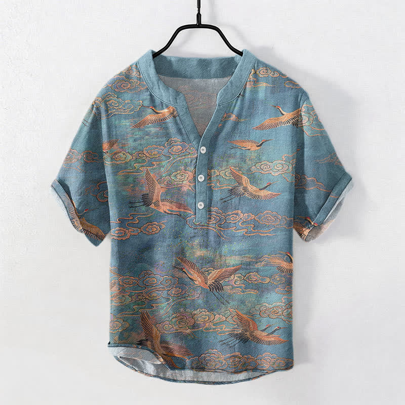 Buddha Stones Chemise homme à manches courtes et demi-boutonnée en coton à motif de grues volantes et de nuages - Vert clair - US/UK/AU50，EU60 (5XL) - image 0