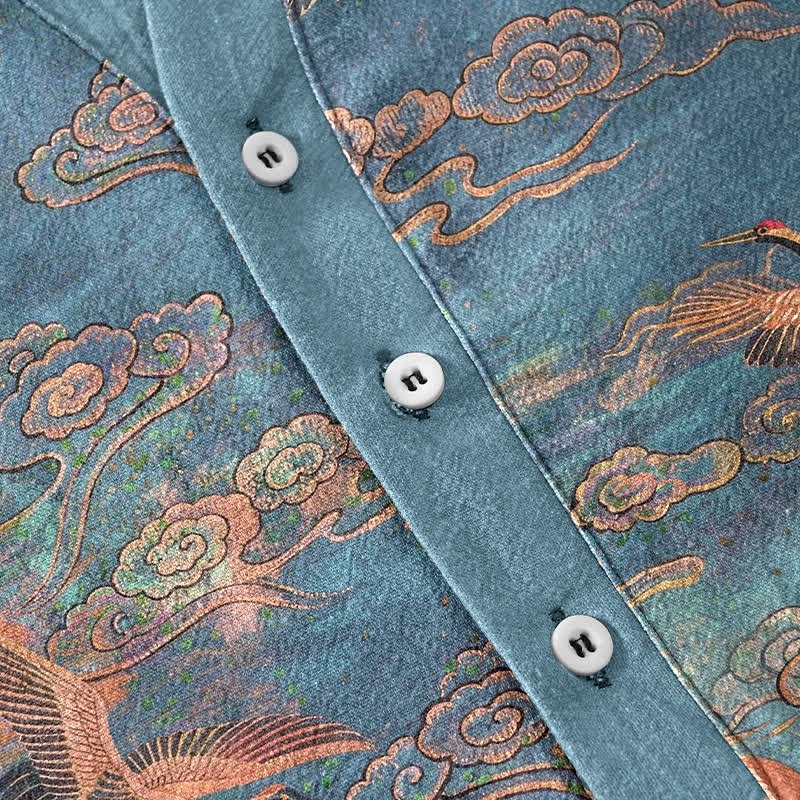 Buddha Stones Chemise homme à manches courtes et demi-boutonnée en coton à motif de grues volantes et de nuages - image 3