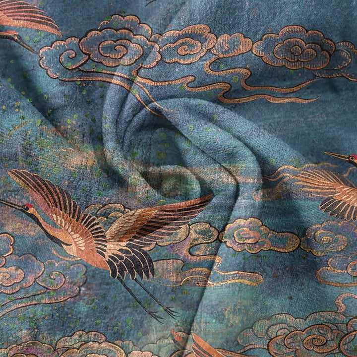 Buddha Stones Chemise homme à manches courtes et demi-boutonnée en coton à motif de grues volantes et de nuages - image 4