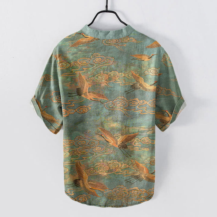 Buddha Stones Chemise homme à manches courtes et demi-boutonnée en coton à motif de grues volantes et de nuages - image 6
