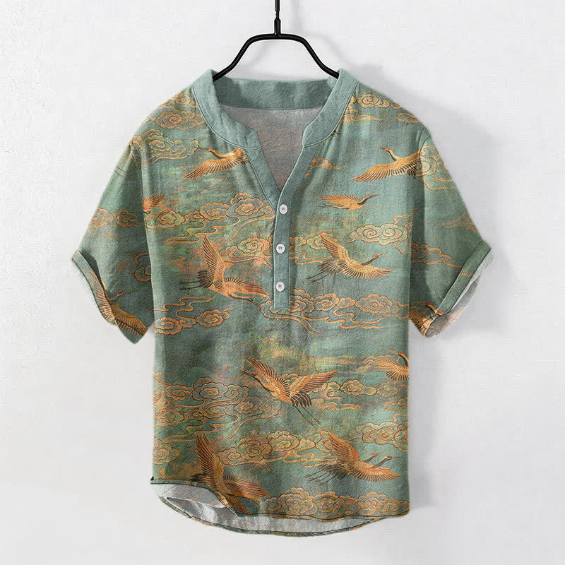 Buddha Stones Chemise homme à manches courtes et demi-boutonnée en coton à motif de grues volantes et de nuages - Vert d'eau - US/UK/AU50，EU60 (5XL) - image 5